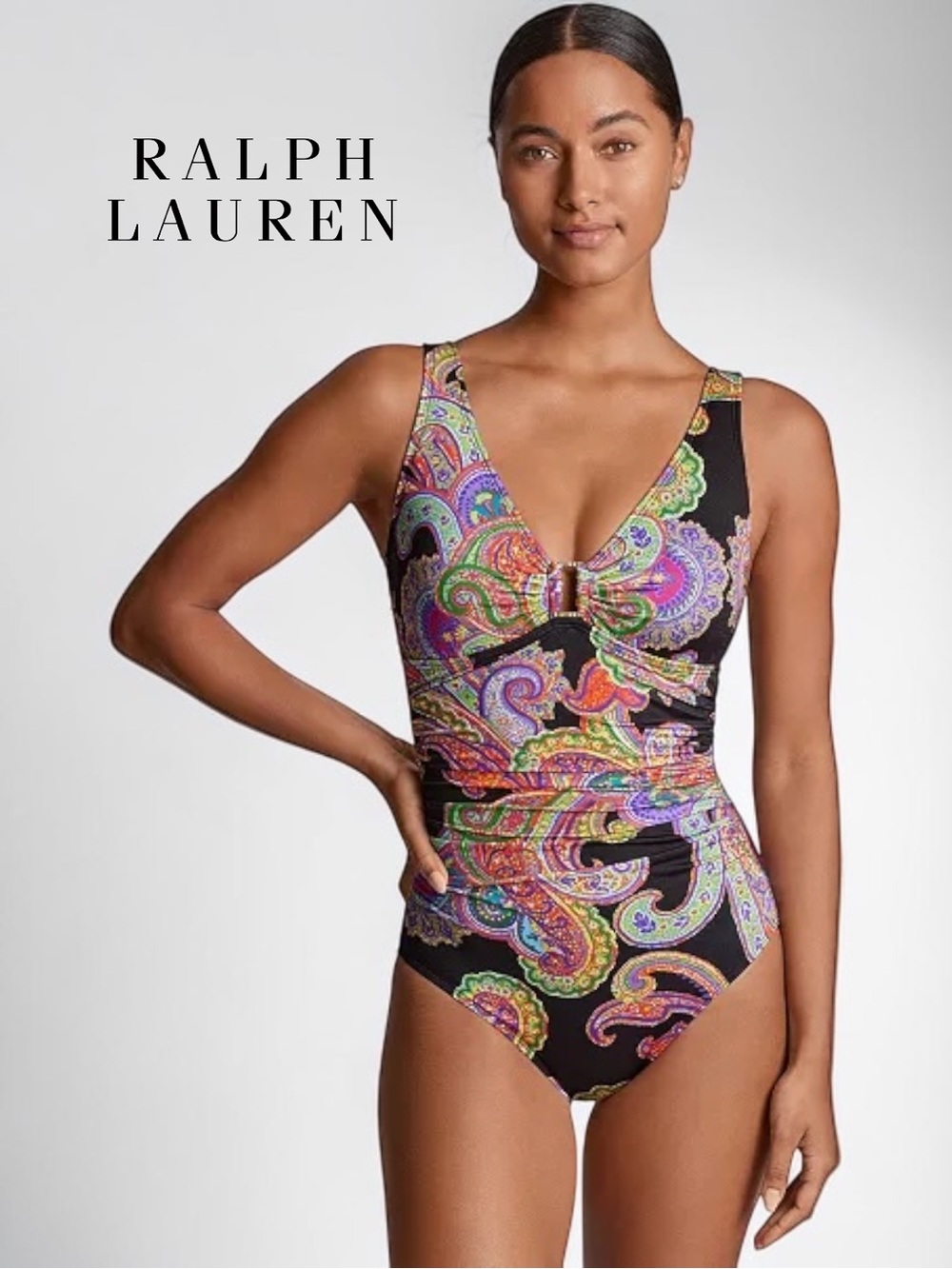 Lauren Ralph Lauren Paisley Plunge One Piece Swimsuit Bathing Suit NWT Size 4